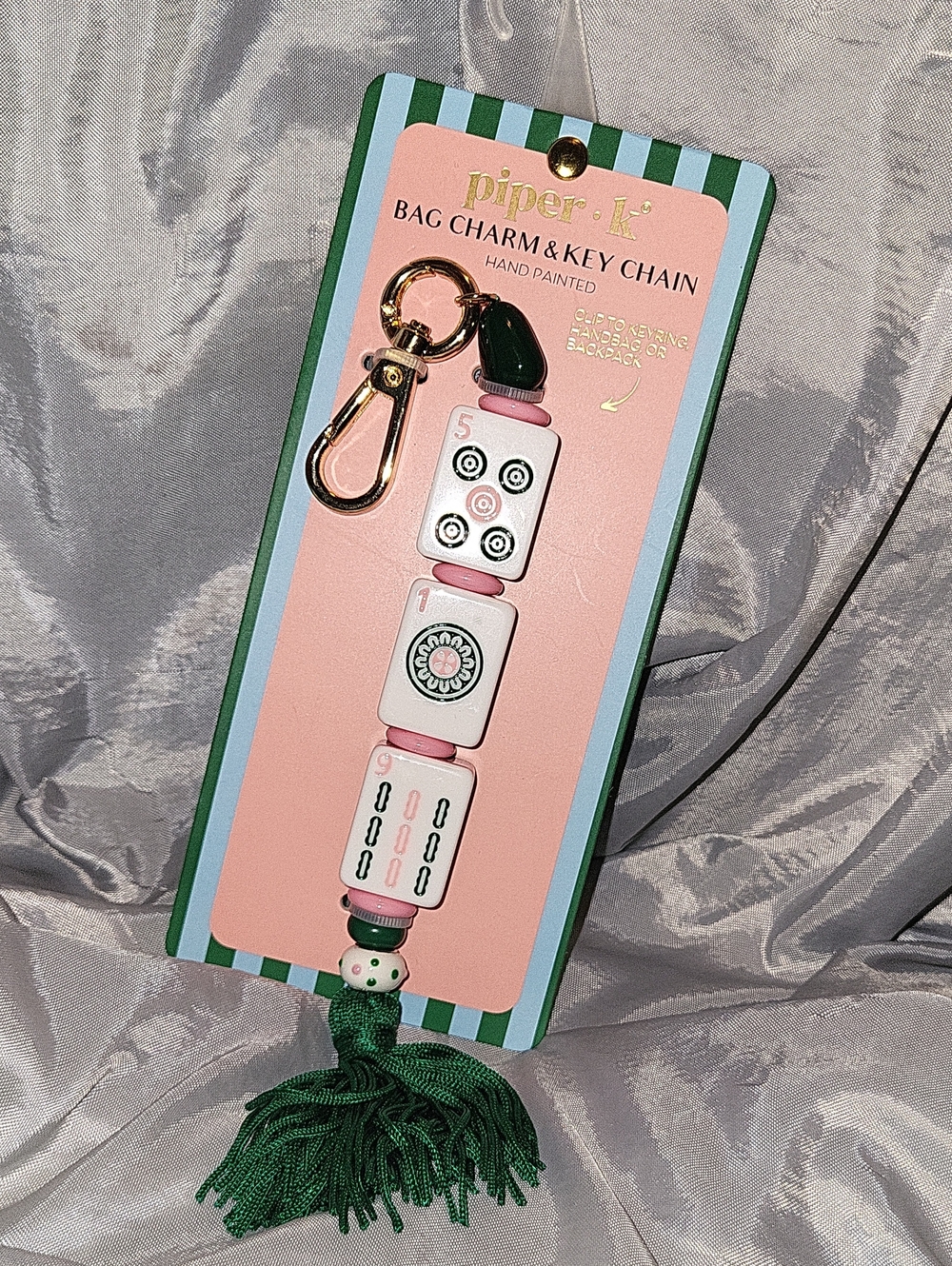 Piper K Mahjong Hand-Painted Pink and Green Bag Charm Key Chain Te